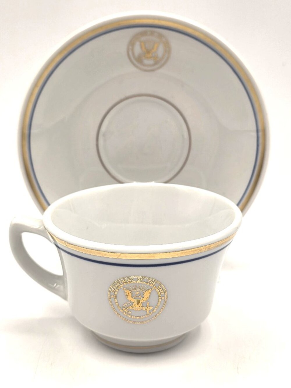VTG Department of Navy Cup Saucer Gold Eagle Seal Blue Shenango Restaurant Ware